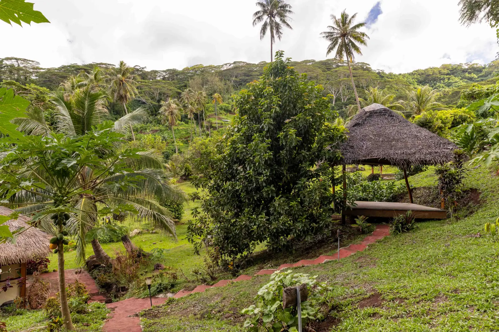 Vue panoramique du Fare Hau Camp dans sa vallée tropicale verdoyante